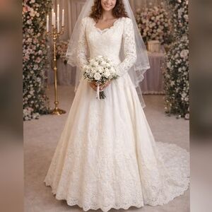 Bonny Vintage 80s 90s Beaded Alencon Lace Long Sleeve Ivory Wedding Dress sz 10